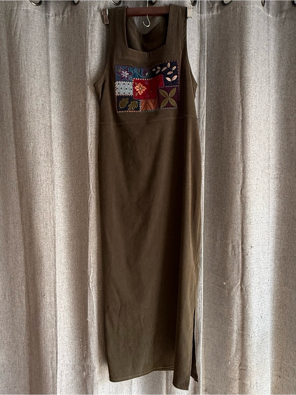 Amanda Smith Artsy Floral Embroidered Dress Medium Olive Cottage Vintage 90s